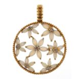 9ct gold diamond and opal flower head pendant, 3.5cm high, 3.4g
