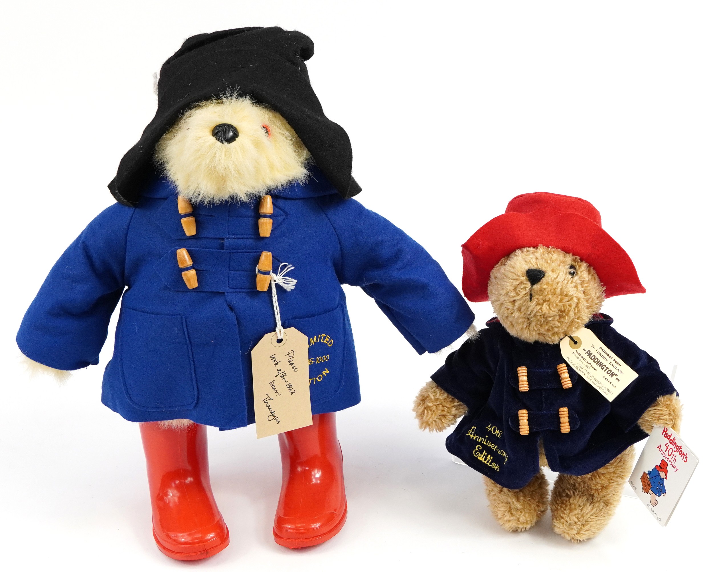 Vintage Paddington Bear with red boots and a 40th anniversary Paddington Bear, the largest 46cm high