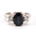 14ct white gold sapphire and diamond three stone ring, size N/O, 4.3g