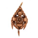 Antique unmarked gold seed pearl and garnet floral pendant, 4.5cm high, 3.0g