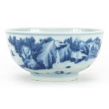 Chinese blue and white porcelain bowl hand painted with fishermen in a river landscape, six figure