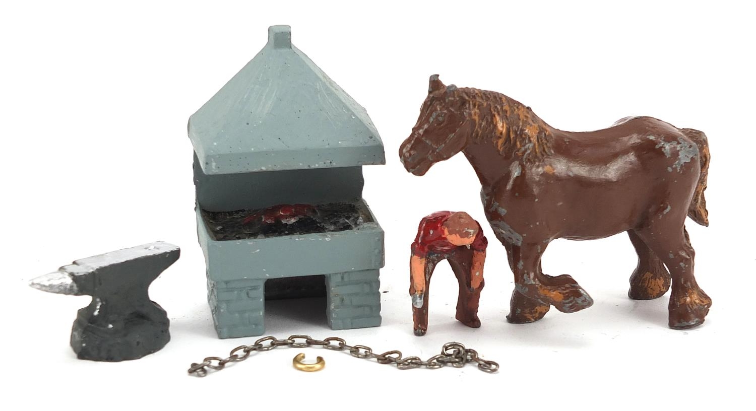 Vintage hand painted lead village blacksmith by Miniature Models number 169 with box, the horse - Image 2 of 3