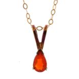 Mexican fire opal tear drop pendant on a 9ct gold necklace, 1.4cm high and 40cm in length, 0.8g