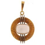 Modernist two tone 18ct gold cabochon moonstone pendant, GL maker's mark, 4cm high, 5.9g