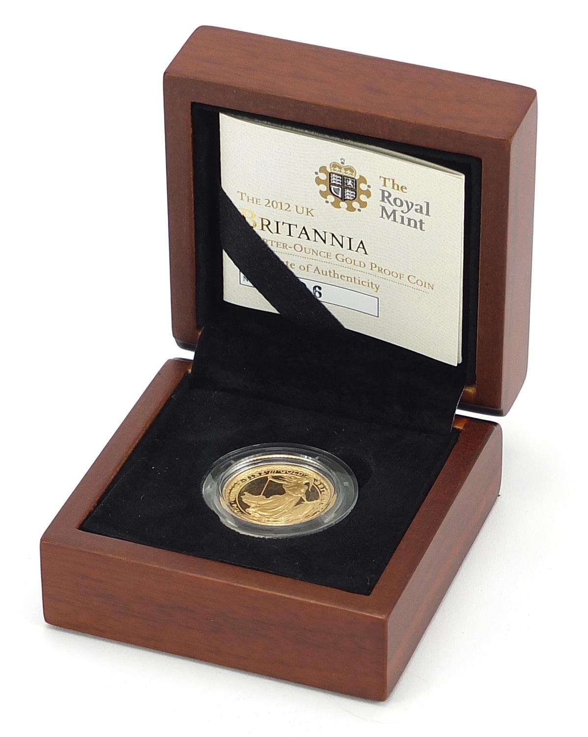 Elizabeth II 2012 UK Britannia quarter ounce gold proof coin with certificate numbered 326, case and - Bild 2 aus 5