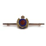 Military interest 9ct gold and enamel sweet heart brooch housed in a John Brereton tooled leather
