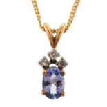9ct gold diamond and purple stone pendant, possibly tanzanite, on a 9ct gold curb link necklace, 1.