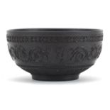 Wedgwood black basalt bowl decorated with maidens and foliage, 13cm in diameter