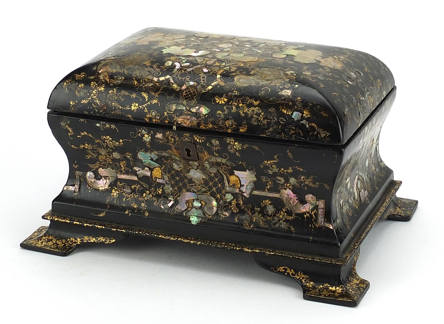 Victorian papier mache tea caddy with twin divisional interior and abalone inlay gilded with