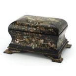 Victorian papier mache tea caddy with twin divisional interior and abalone inlay gilded with