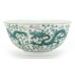 Chinese porcelain bowl decorated in green with dragons chasing a flaming pearl amongst clouds, six