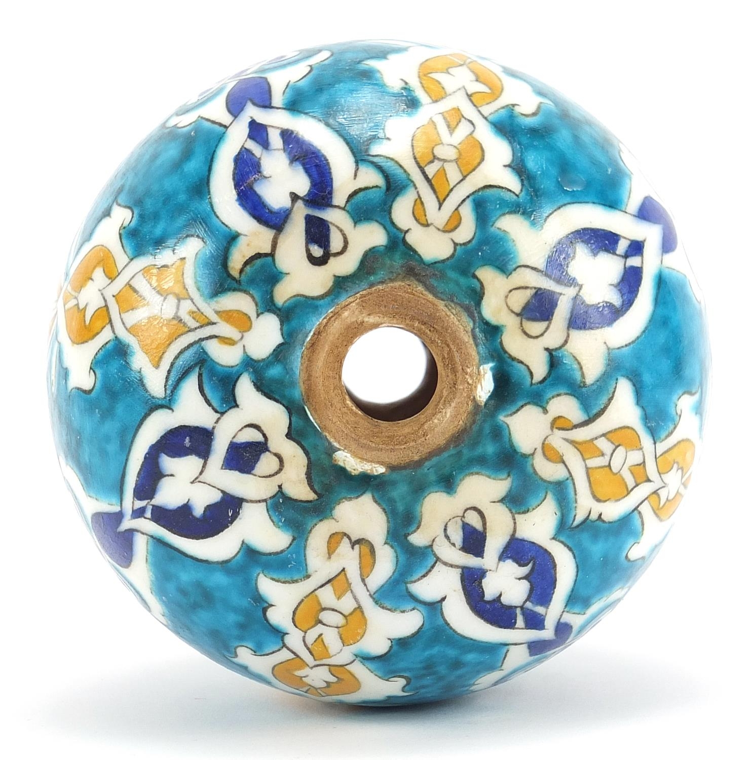 Turkish Iznik pottery hanging ball hand painted with flowers, 12.5cm high - Image 3 of 3