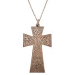 Large silver cross pendant with engraved decoration on a white metal necklace, 6cm high and 42cm