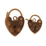 Two 9ct gold love heart padlocks, the largest 1.8cm high, 2.3g