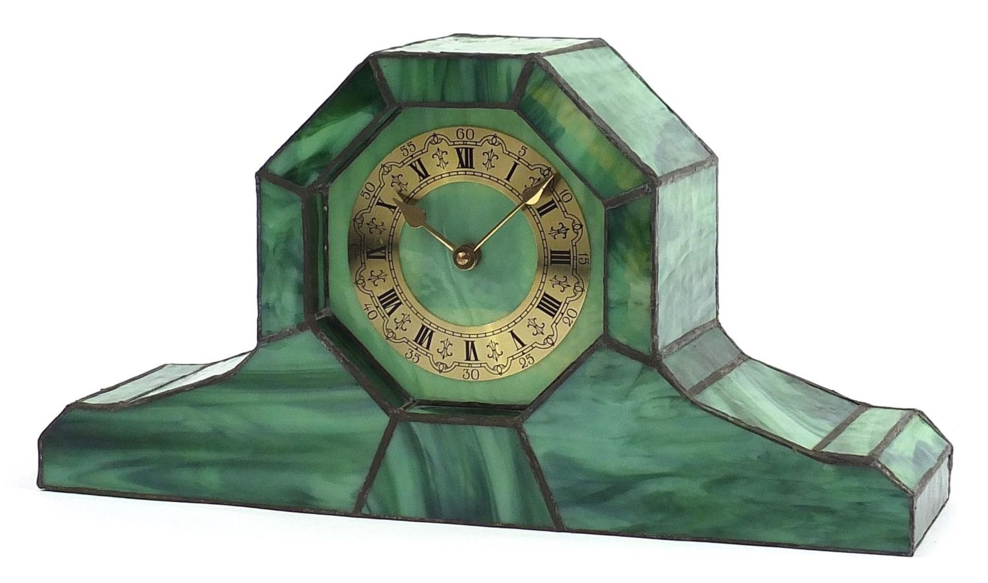 Art Deco style leaded glass design mantle clock, 45cm wide