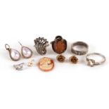 Collection of jewellery including pair of yellow metal rose head earrings and silver rings