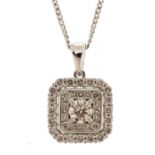 9ct white gold round brilliant cut and princess cut diamond pendant on a silver necklace, total