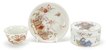 Chinese porcelain including a famille rose box and cover and tea bowl with saucer, the largest