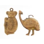 Two 9ct gold charms comprising ostrich and koala, the largest 1.7cm high, total 1.8g