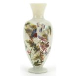 Victorian opaline glass vase hand painted with a butterfly amongst flowers, 31cm high
