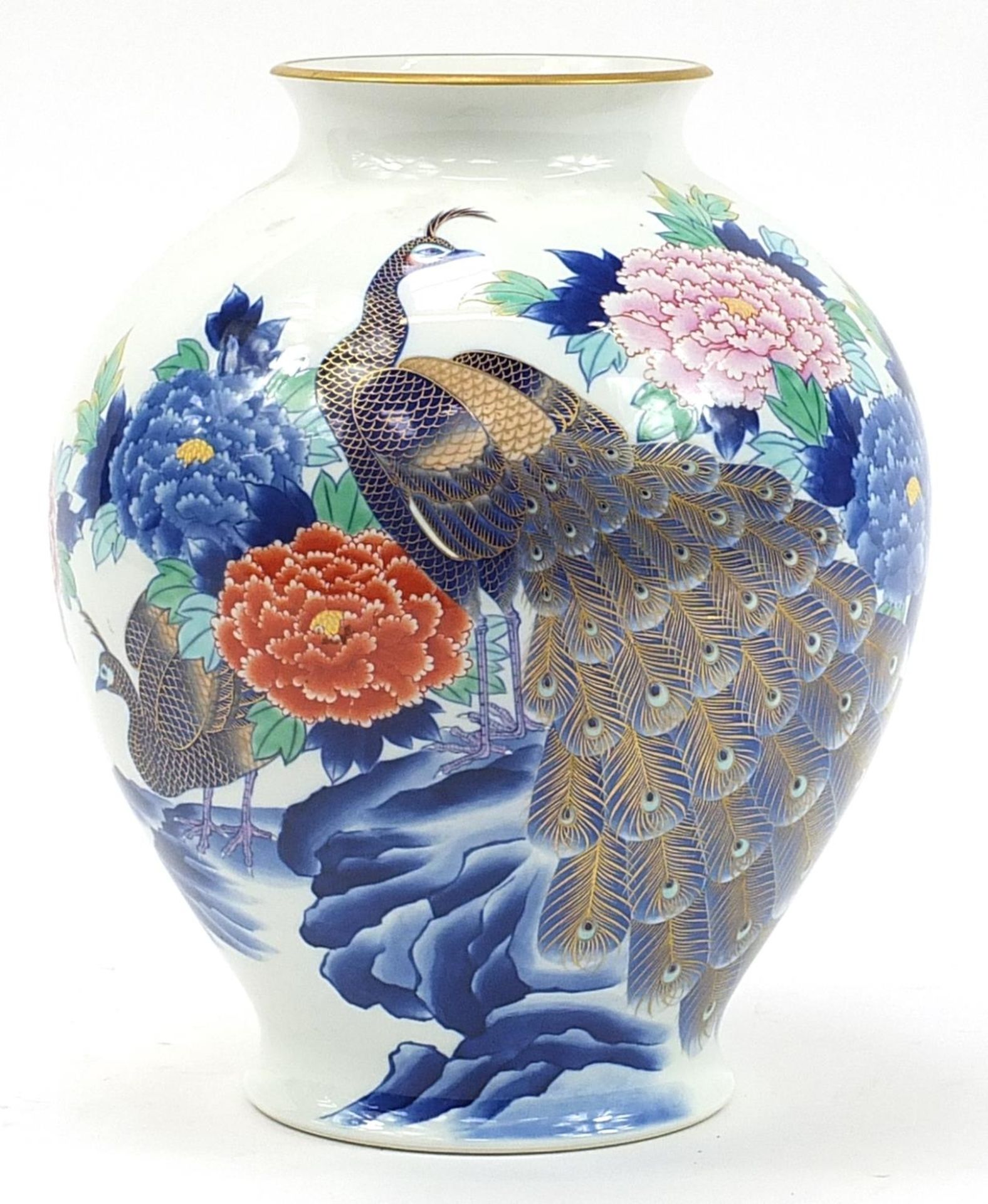 Large Chinese porcelain baluster vase hand painted with peacocks and flowers, 30cm high