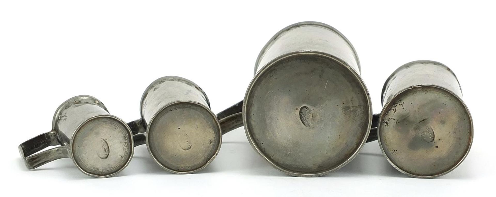 Graduated set of four antique pewter measures, indistinct maker's mark to each, possibly Dewitte - Image 5 of 6
