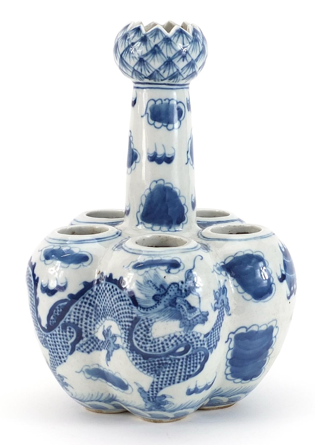 Chinese blue and white porcelain tulip vase hand painted with dragons chasing a flaming pearl