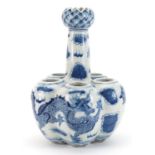 Chinese blue and white porcelain tulip vase hand painted with dragons chasing a flaming pearl