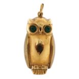 9ct gold owl charm with green stone eyes, 2.6cm high, 1.7g