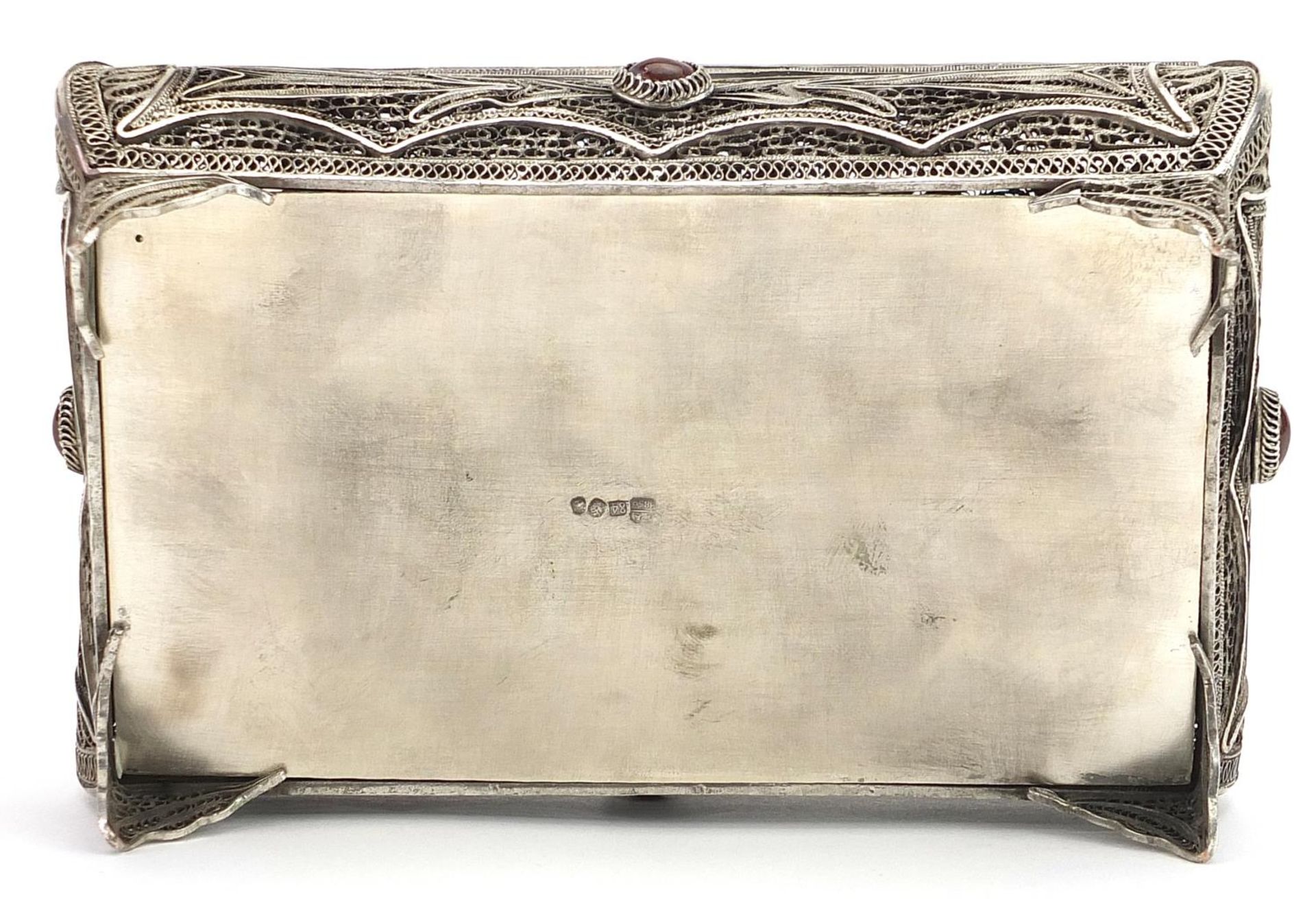Russian silver filigree casket with hinged lid set with cabochon hardstones, 7cm H x 16cm W x 10.5cm - Image 3 of 4