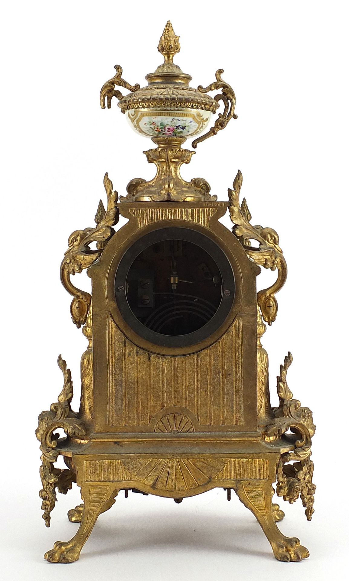 French gilt metal mantle clock with enamelled dial and Sevres style panel hand painted with a - Image 4 of 5