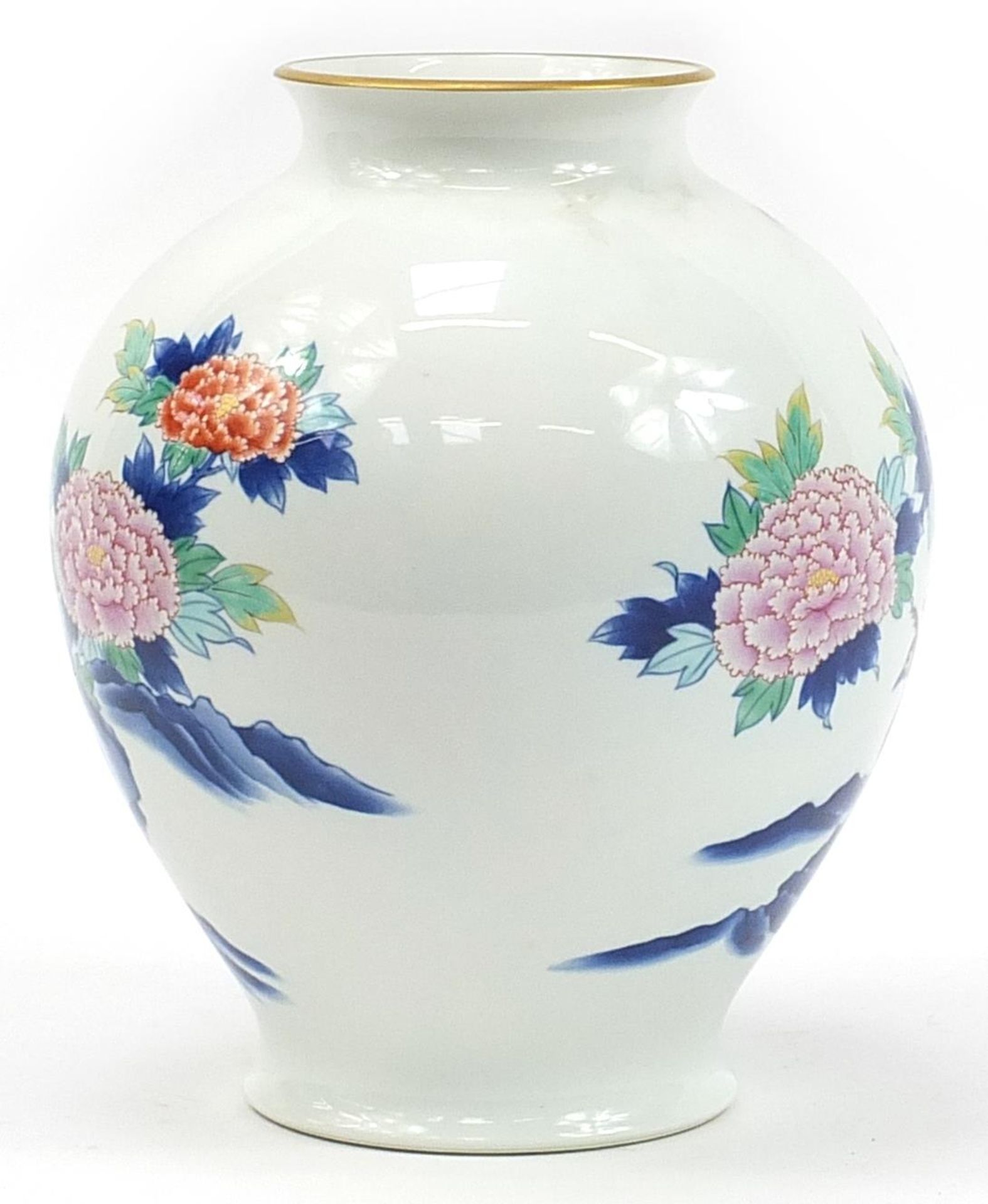 Large Chinese porcelain baluster vase hand painted with peacocks and flowers, 30cm high - Image 2 of 4