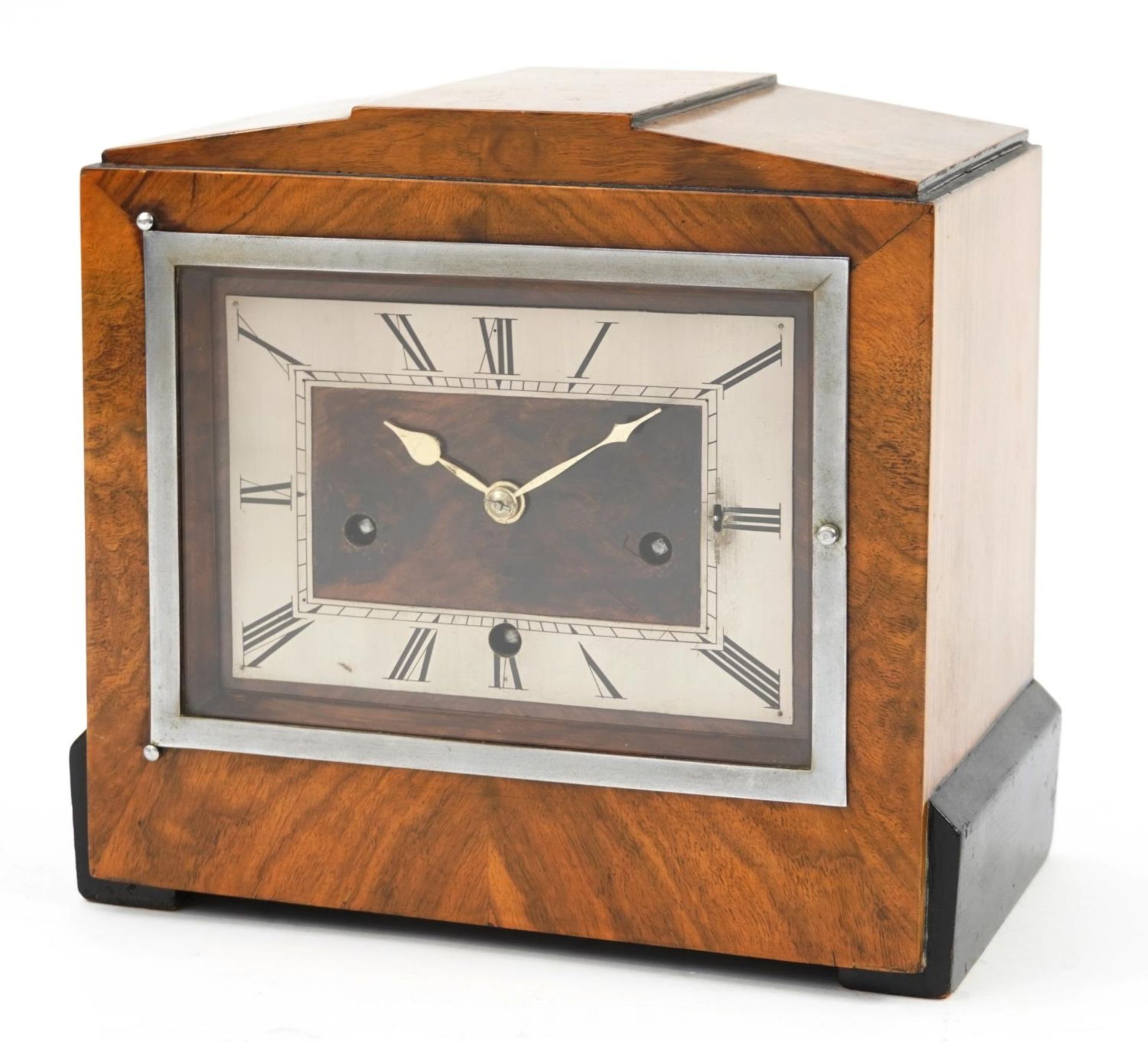 Art Deco walnut mantle clock with Westminster chime, 26.5cm wide