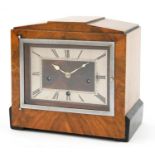 Art Deco walnut mantle clock with Westminster chime, 26.5cm wide