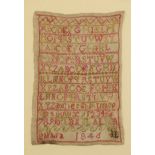 19th century needlework alphabet sampler dated 1846, mounted, framed and glazed, 31cm x 20cm