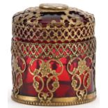 Brass overlaid cylindrical ruby glass box and cover, the lid inset with a 1748 eighteen shillings