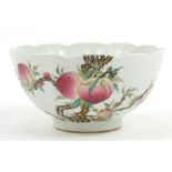 Chinese porcelain bowl hand painted in the famille rose palette with bats amongst peach trees, six