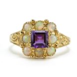 9ct gold amethyst and opal cluster ring, size M, 3.5g