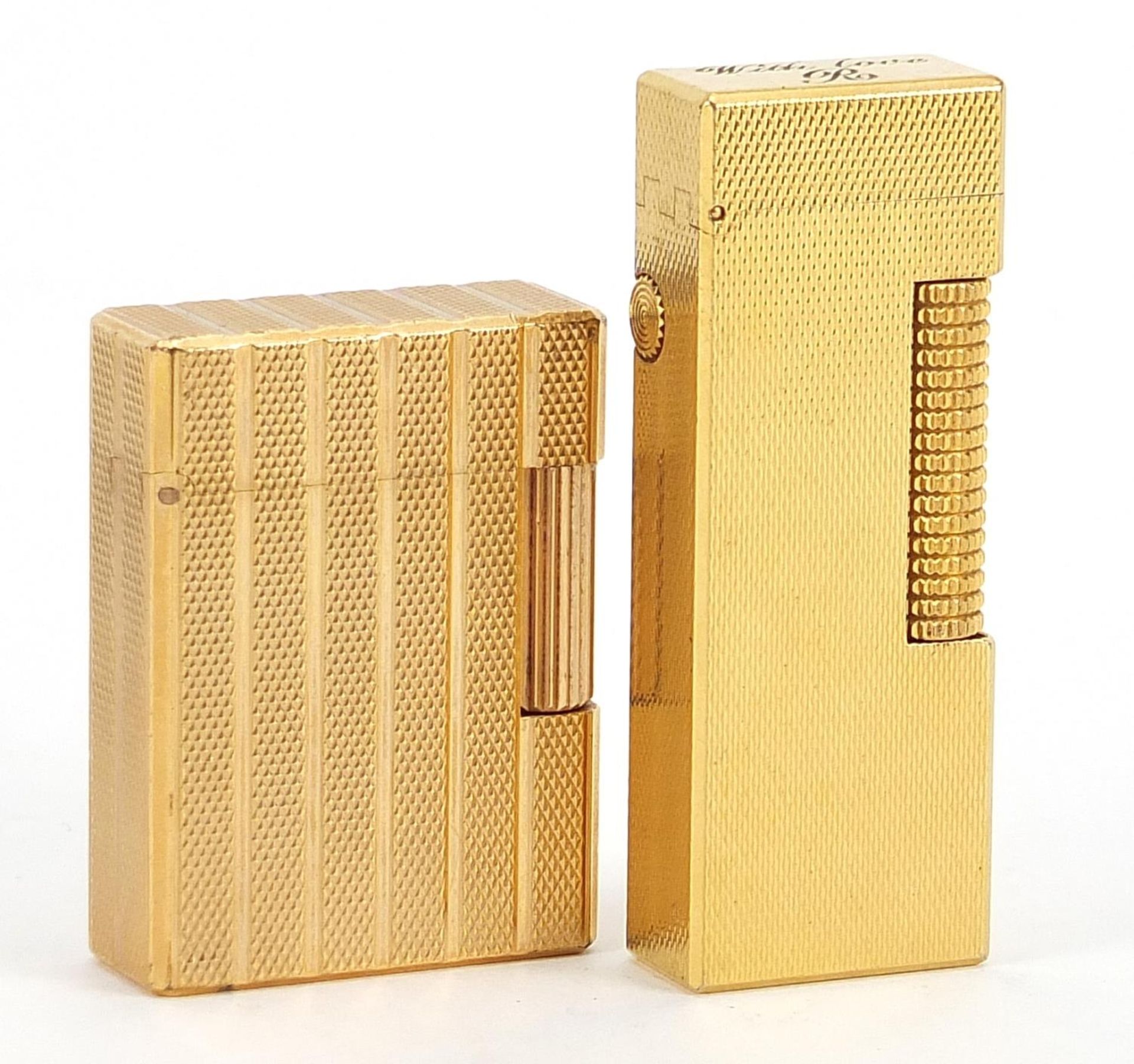 Two gold plated engine turned pocket lighters comprising Dunhill and S J Dupont, the largest 6.5cm - Image 2 of 4