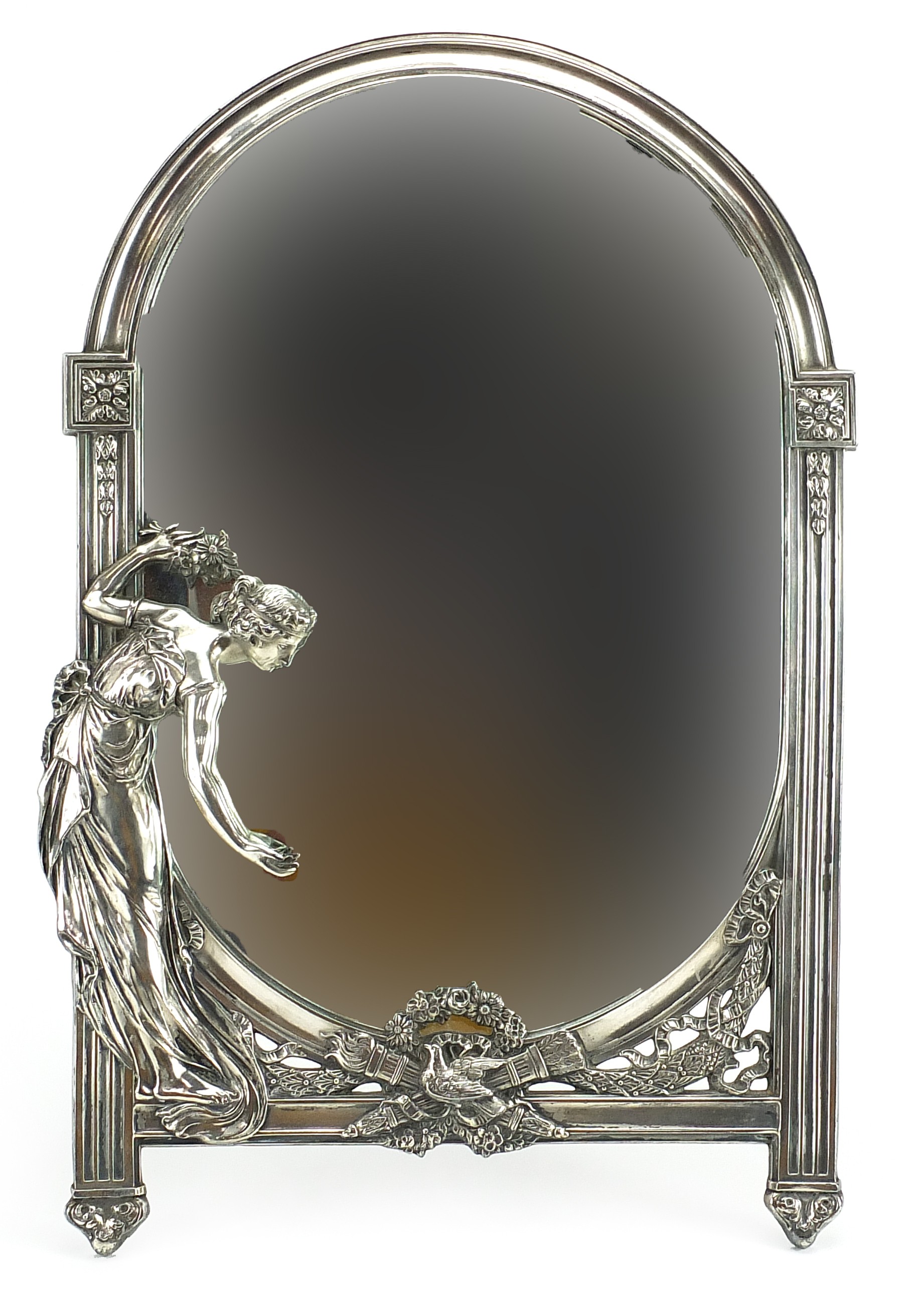 WMF, German Art Nouveau silver plated dressing table mirror with bevelled glass cast with a maiden