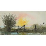 Robert William - Sunset on the Marsh, ink and watercolour, details verso, mounted, framed and