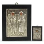 Two silver mounted and ebonised Russian ikons by Clarte, the largest 18cm x 14cm
