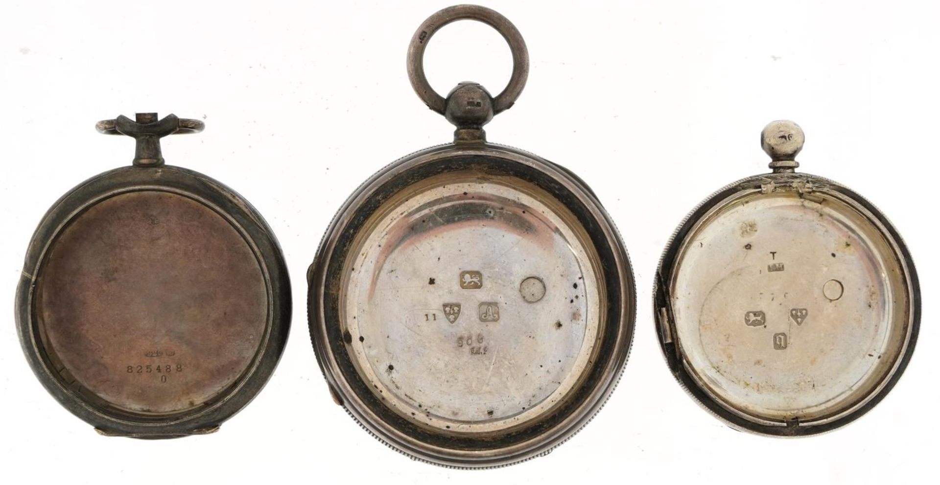 Three silver pocket watch cases including two Chester hallmarked examples dated 1839 and 1879, the