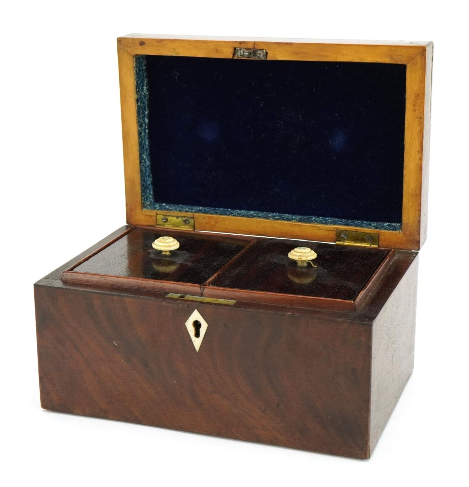 19th century inlaid mahogany twin divisional tea caddy with inlaid bone escutcheon, 10cm H x 19cm - Image 2 of 4