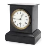 Victorian black slate mantle clock, the enamelled dial having Roman numerals the movement numbered