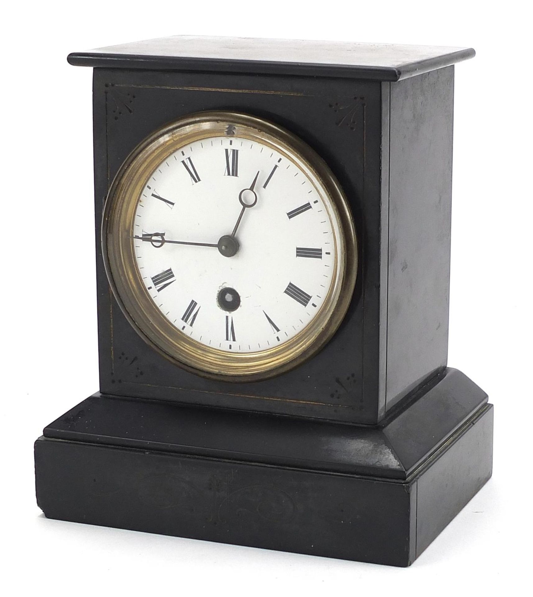 Victorian black slate mantle clock, the enamelled dial having Roman numerals the movement numbered