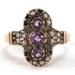 9ct gold antique design amethyst and seed pearl ring, size O, 3.5g