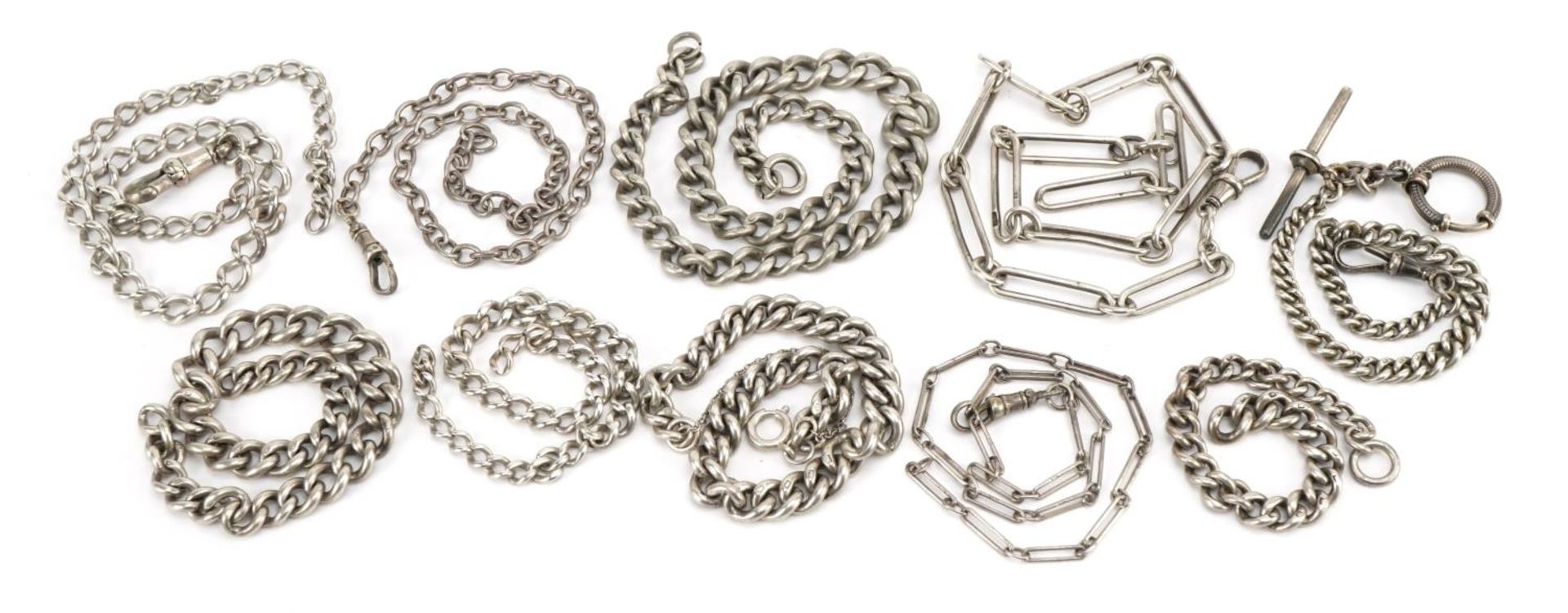 Collection of silver watch chains, some with T bars, 185.0g