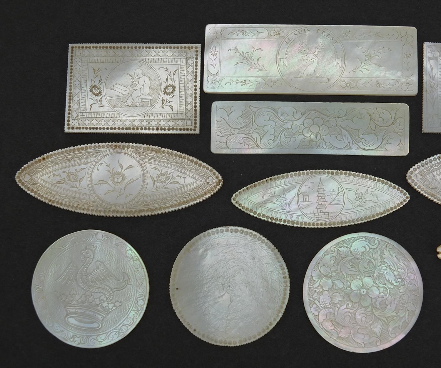 Eleven Chinese Canton mother of pearl gaming counters and one other, the largest 6.5cm wide - Image 2 of 6