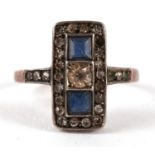 Art Deco 9ct gold blue and clear paste ring, size O, 2.7g
